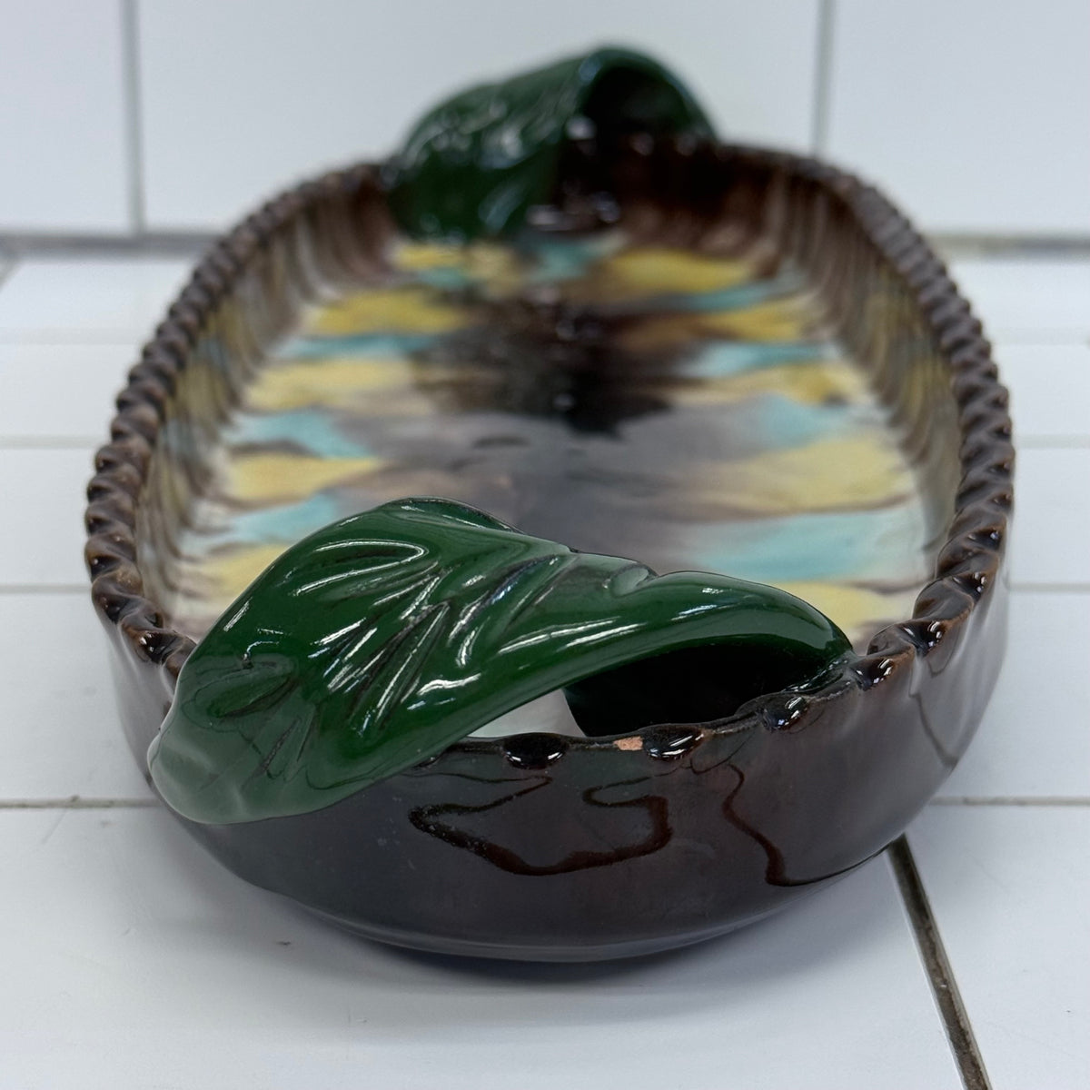 Austrian Art Pottery Drip Glaze Oval Tray Leaf Handles