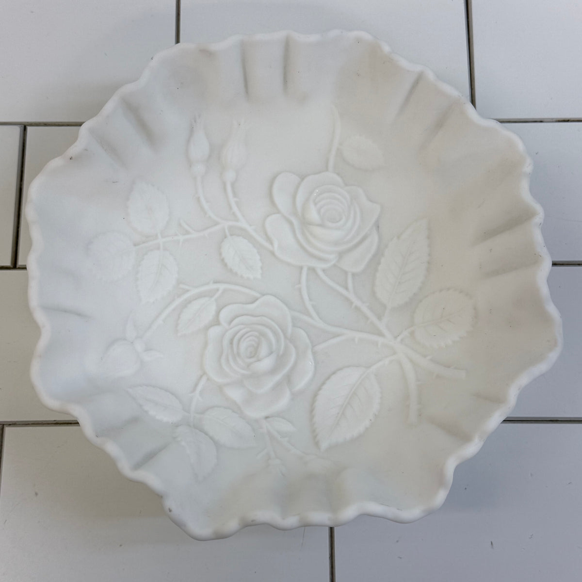 White Milk Glass Rose Bowl with Ruffled Rim