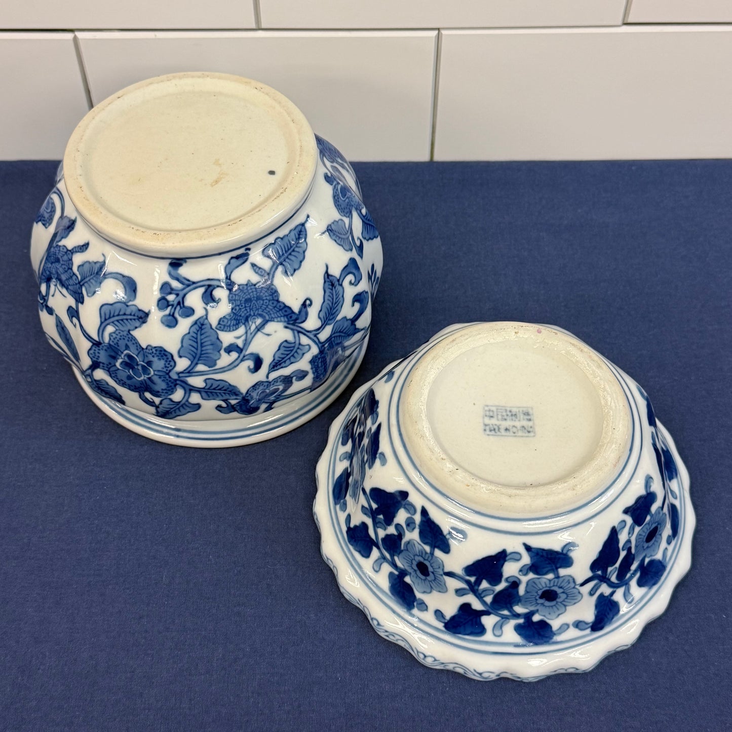 Blue White Floral Ceramic Planters Cachepots Set of 2