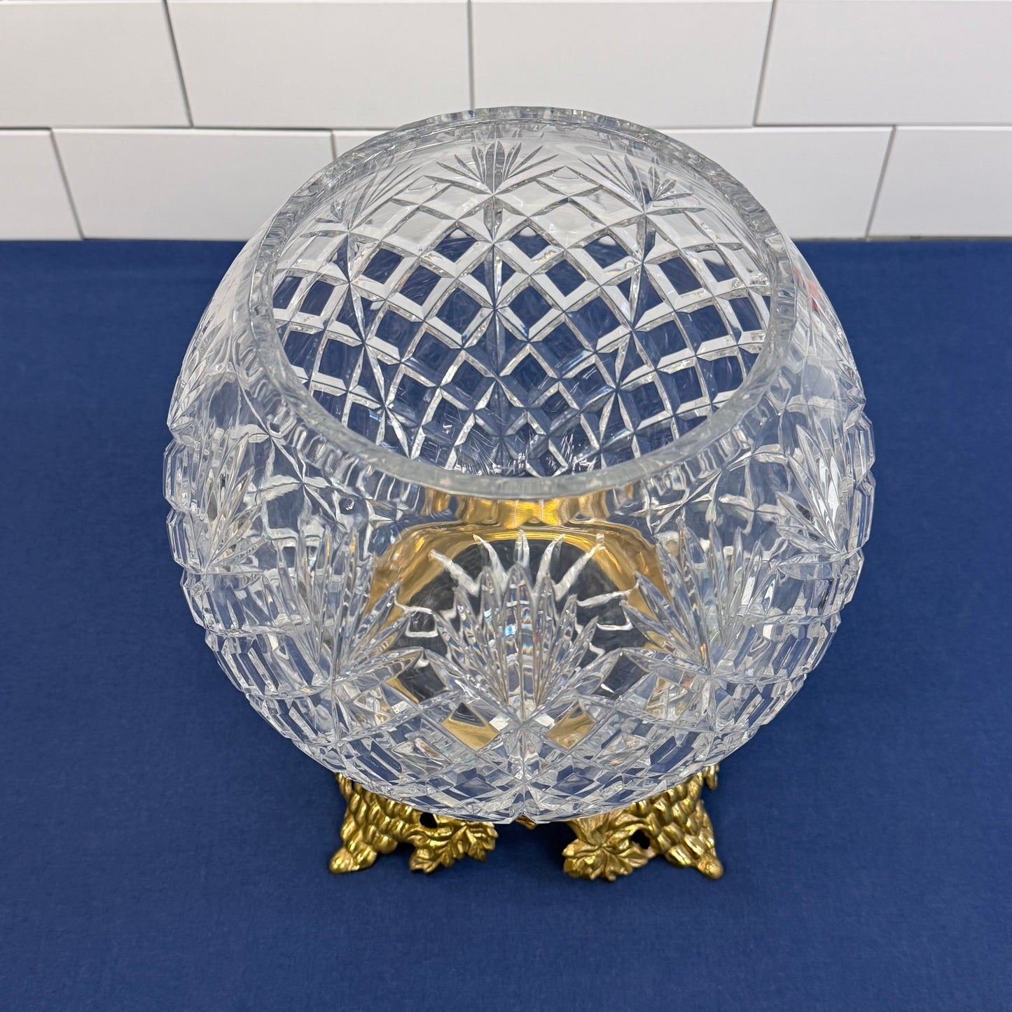 Hollywood Regency Cut Crystal Rose Bowl Brass Stand