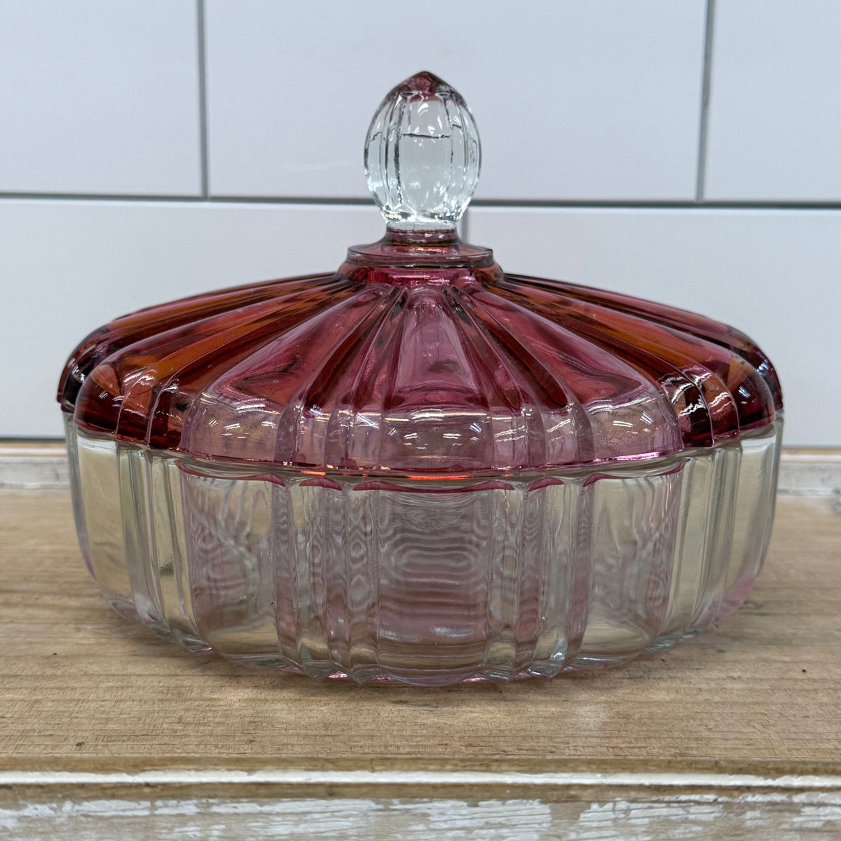 Vintage Cranberry Pink Clear Pressed Glass Covered Candy Dish