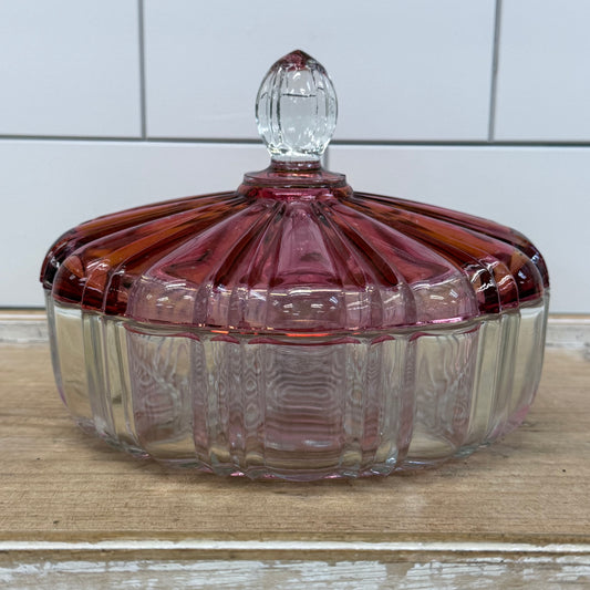 Vintage Cranberry Pink Clear Pressed Glass Covered Candy Dish