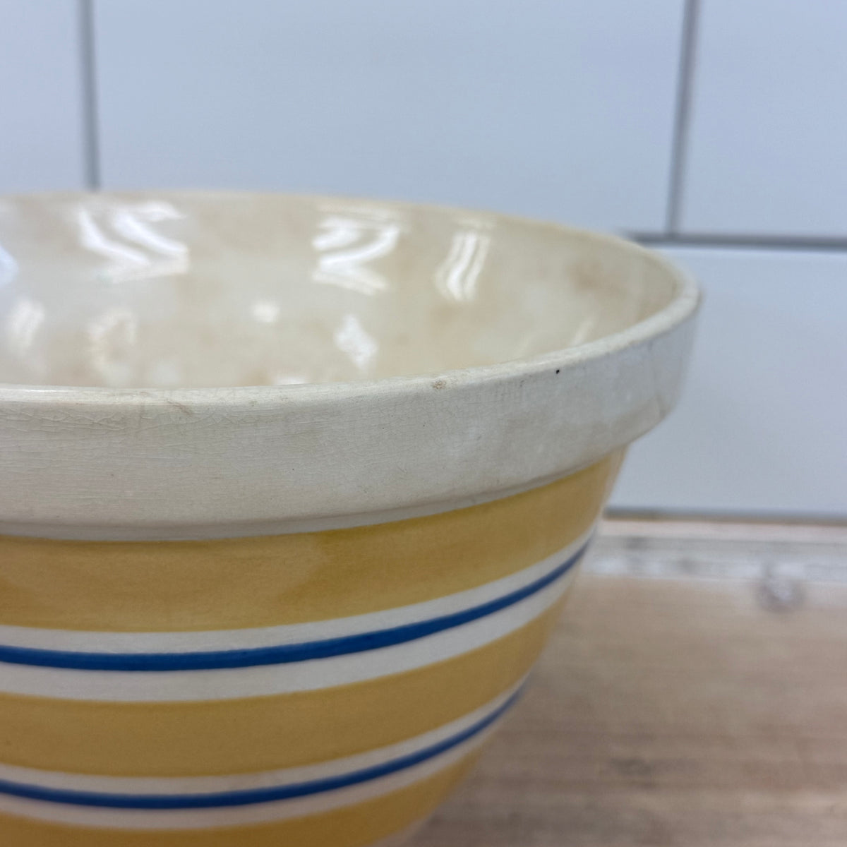 English Yellow & Blue Stripe Earthenware Mixing Bowl 1940s