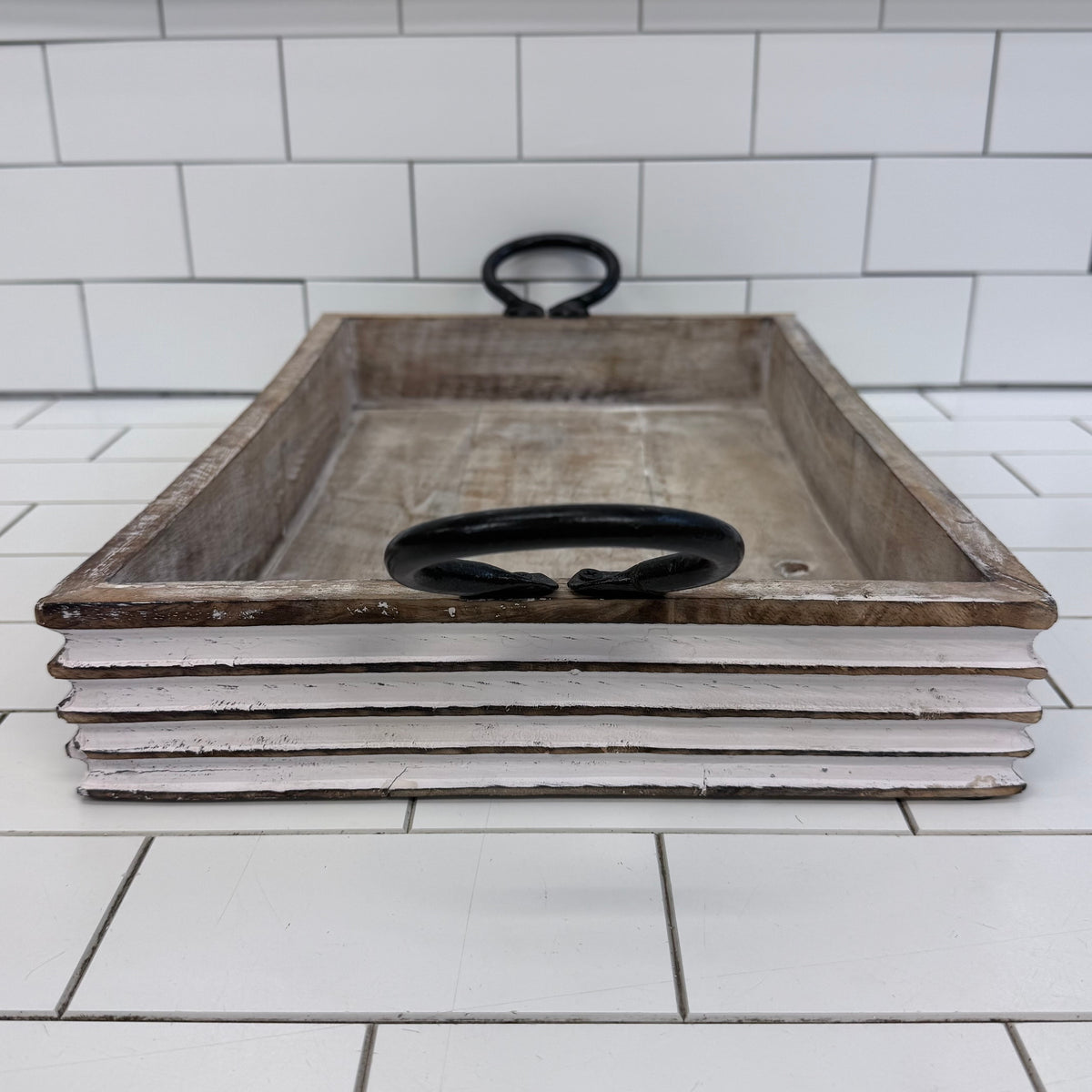 Rustic Wood Tray Bowl & Blue Ceramic Decor Set