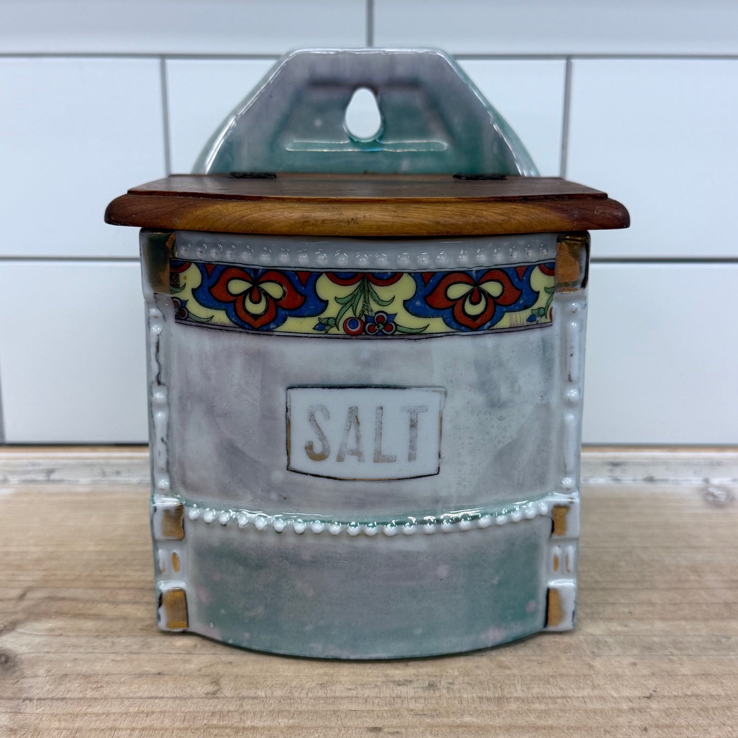 Wall Mounted Porcelain Lusterware Salt Box with Lid