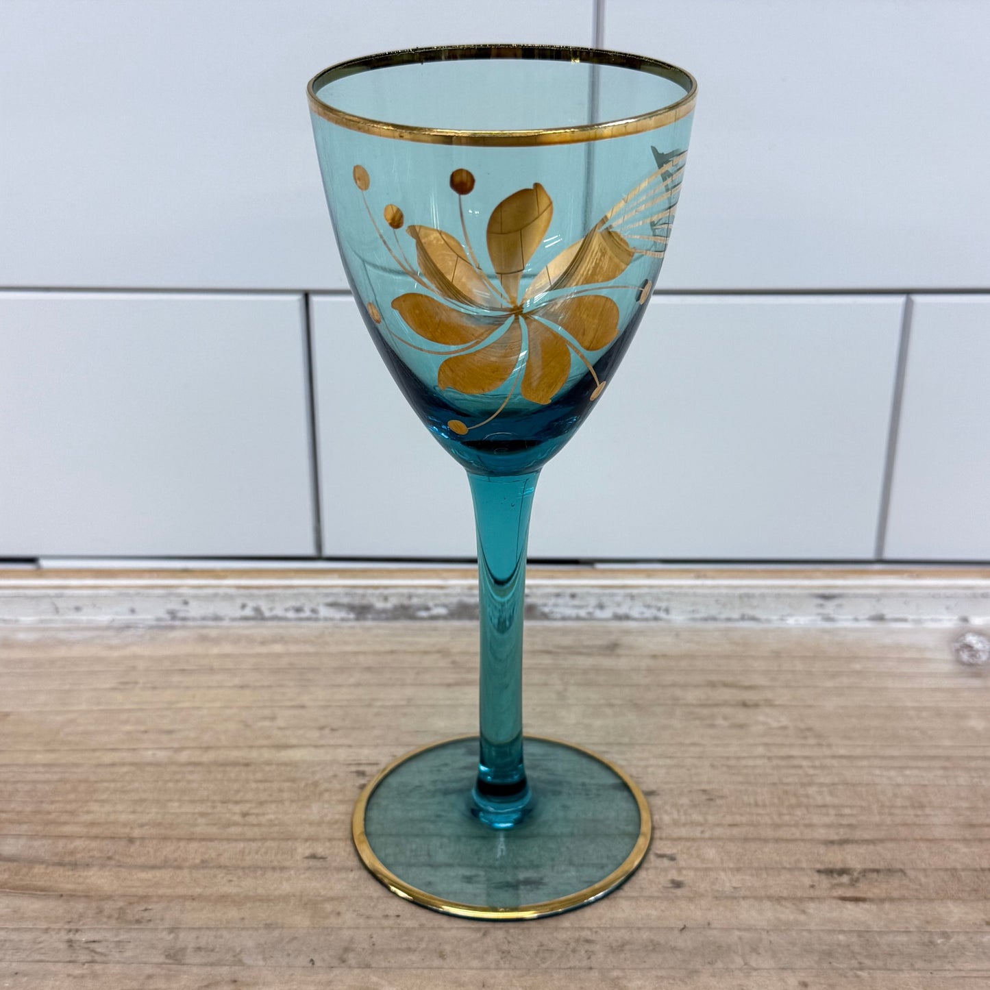 Italian Blue Glass Decanter & 6 Goblets Gold Floral Set