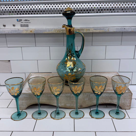 Italian Blue Glass Decanter & 6 Goblets Gold Floral Set