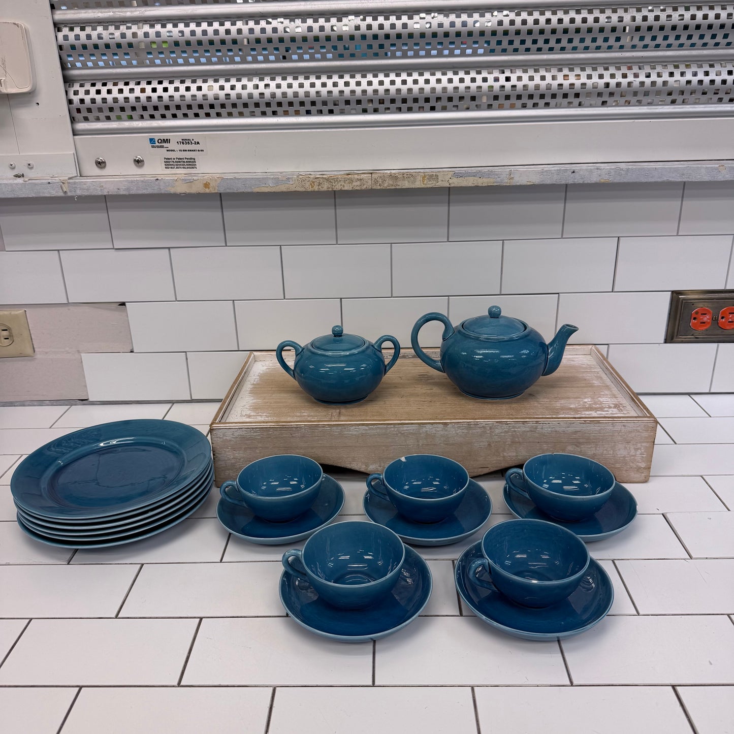 Japanese Blue Glazed Porcelain Tea Set 18 Piece Mid Century