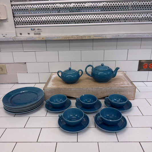Japanese Blue Glazed Porcelain Tea Set 18 Piece Mid Century