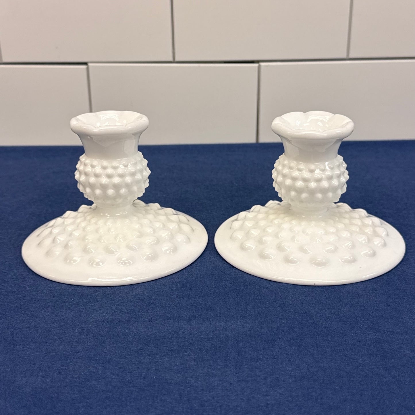 Fenton Hobnail Milk Glass Vase & Candlestick Set of 3 1950-70