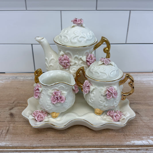 Cracker Barrel Pink Rose Porcelain Tea Set 1980s