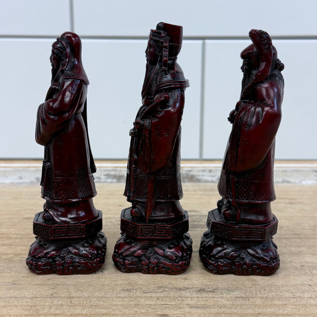Vintage Chinese Fu Lu Shou Three Star Gods Red Resin Figurines