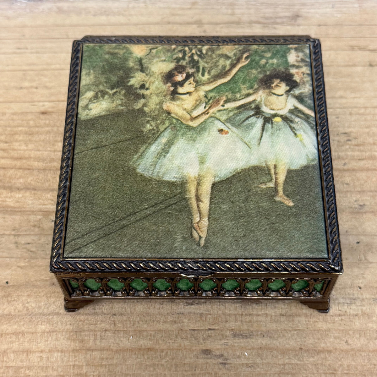 Vintage Degas Ballerina Jewelry Box Green Velvet Lined