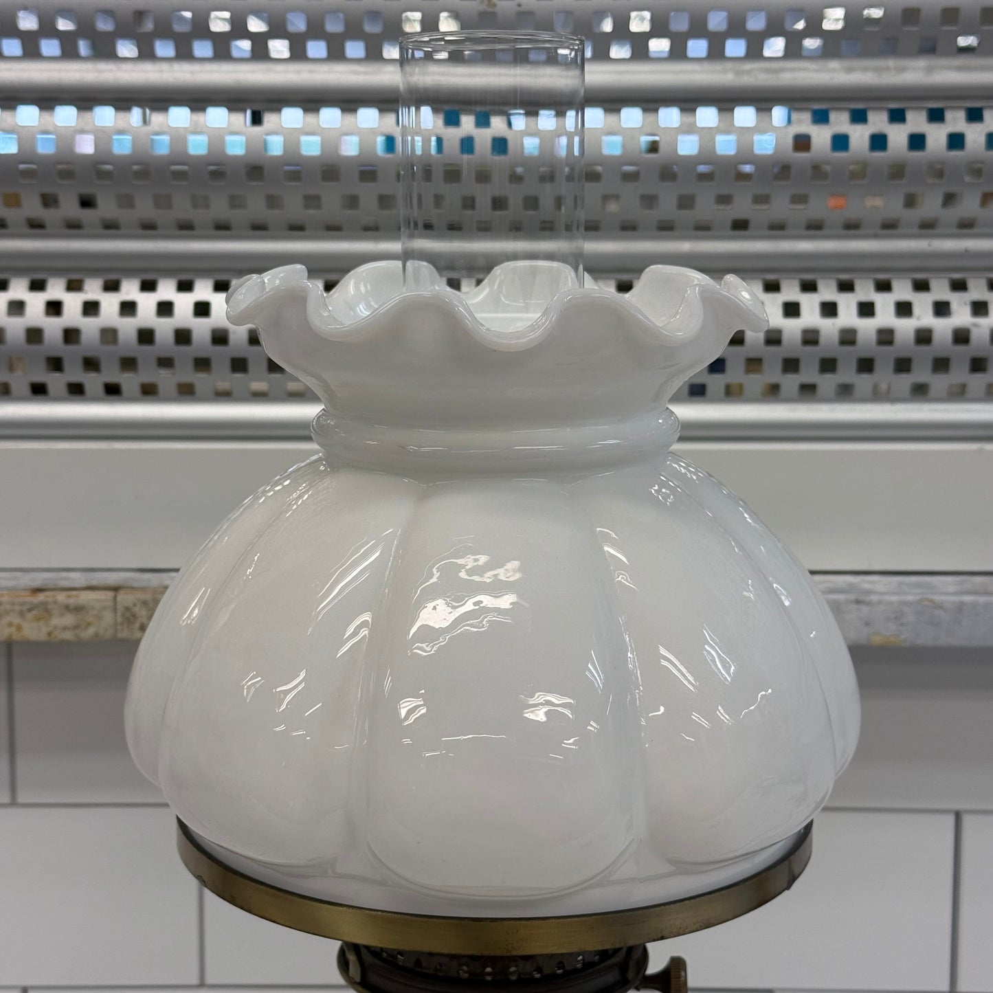 Vintage Brass Hurricane Table Lamp Milk Glass Shade Tested Works