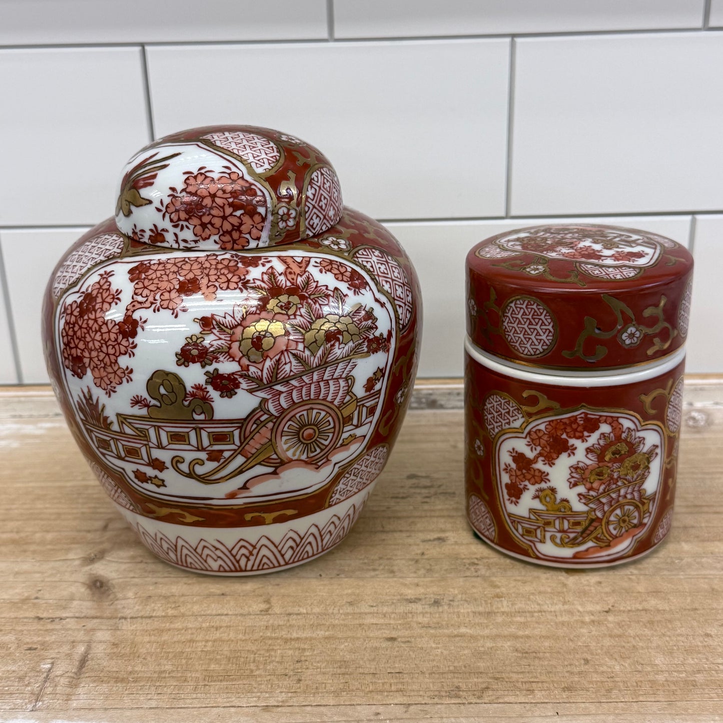 Gold Imari Hand Painted Porcelain Ginger & Tea Jars Set