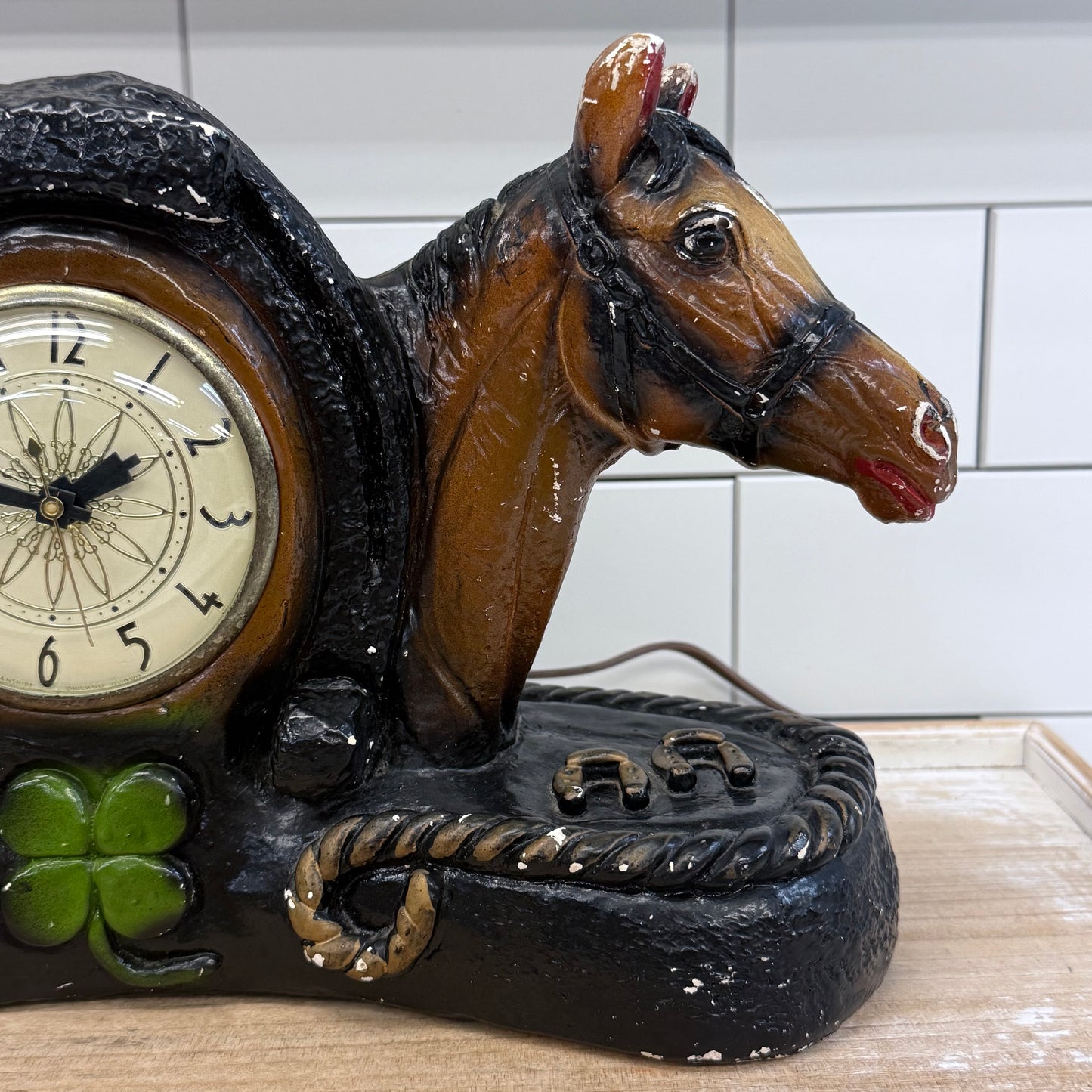 Lanshire Horse Chalkware Mantel Clock 1950s