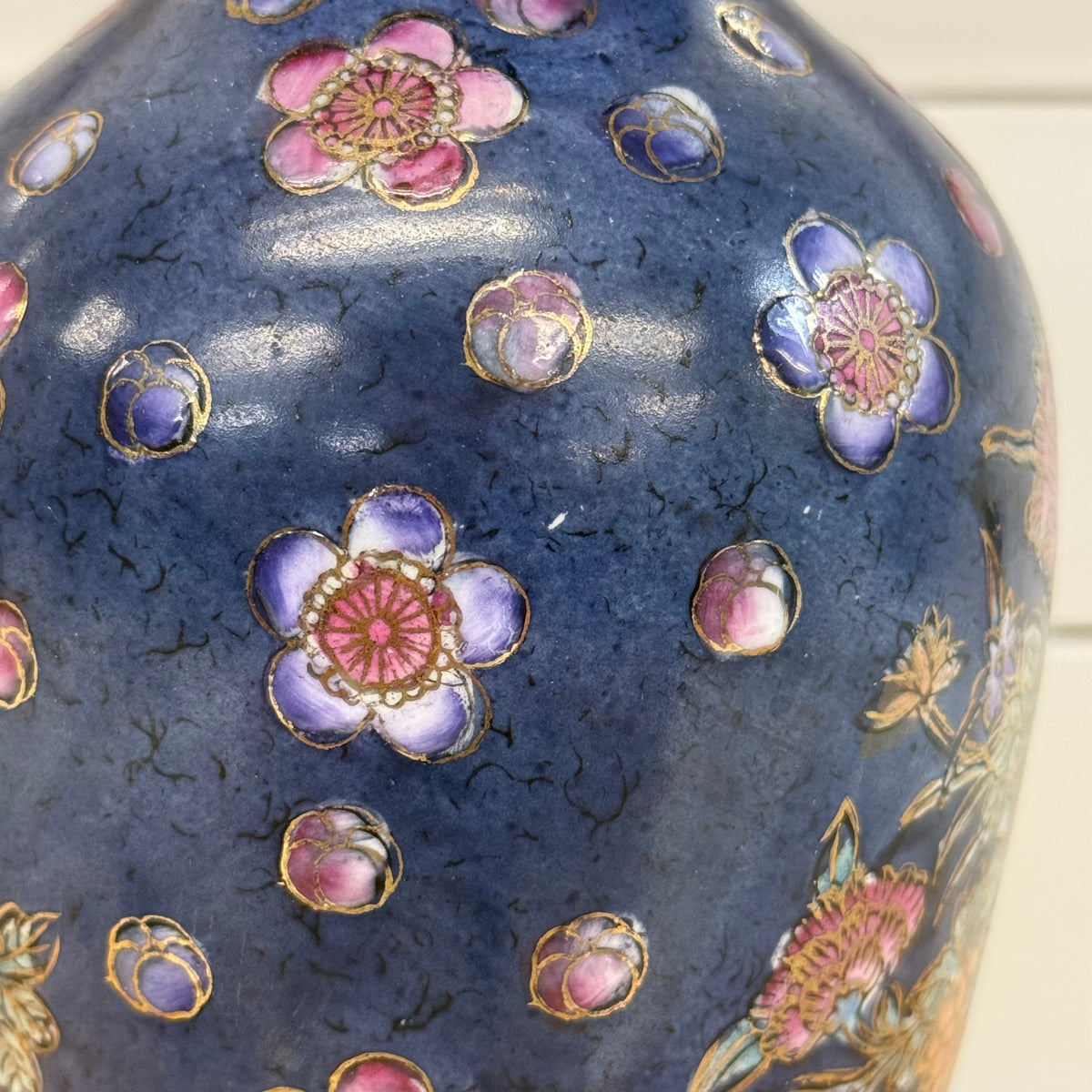 Cobalt Blue Floral Porcelain Vase Gold Trim Chinoiserie