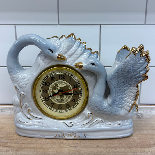 Swan Mantel Clock White Ceramic Gold Gilt Quartz 1980s