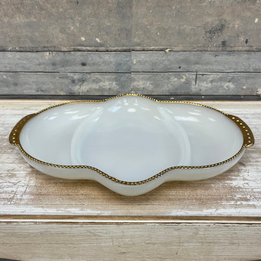 Fire King Gold Rimmed Milk Glass Divided Dish