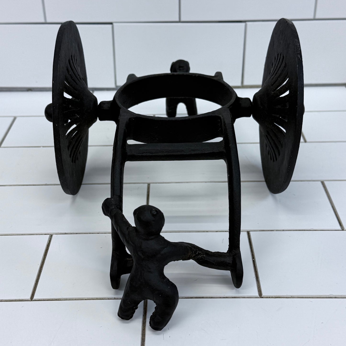 Japanese Cast Iron Rolling Wagon Planter Pot Holder Vintage