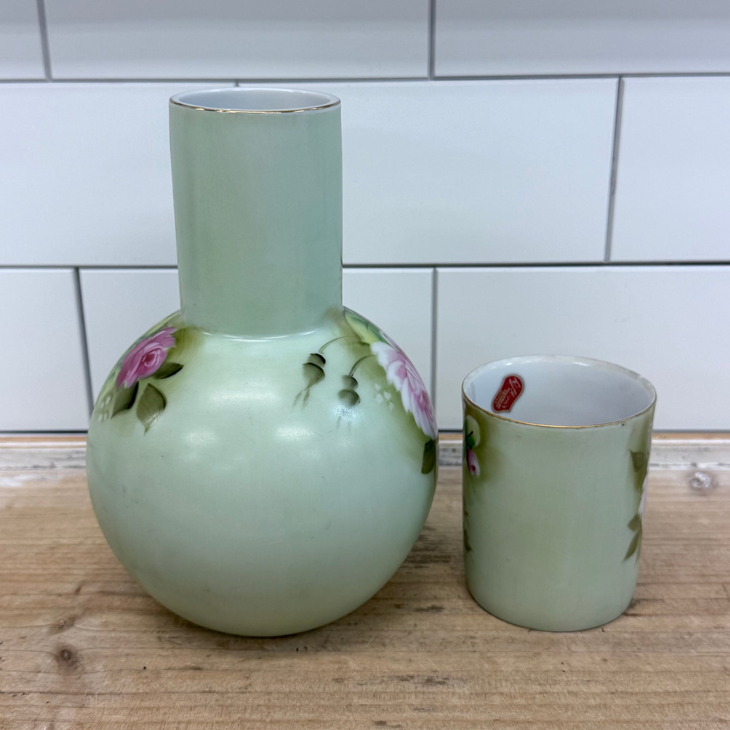 Lefton Heritage Green Rose Bedside Carafe & Cup 1950s-1960s