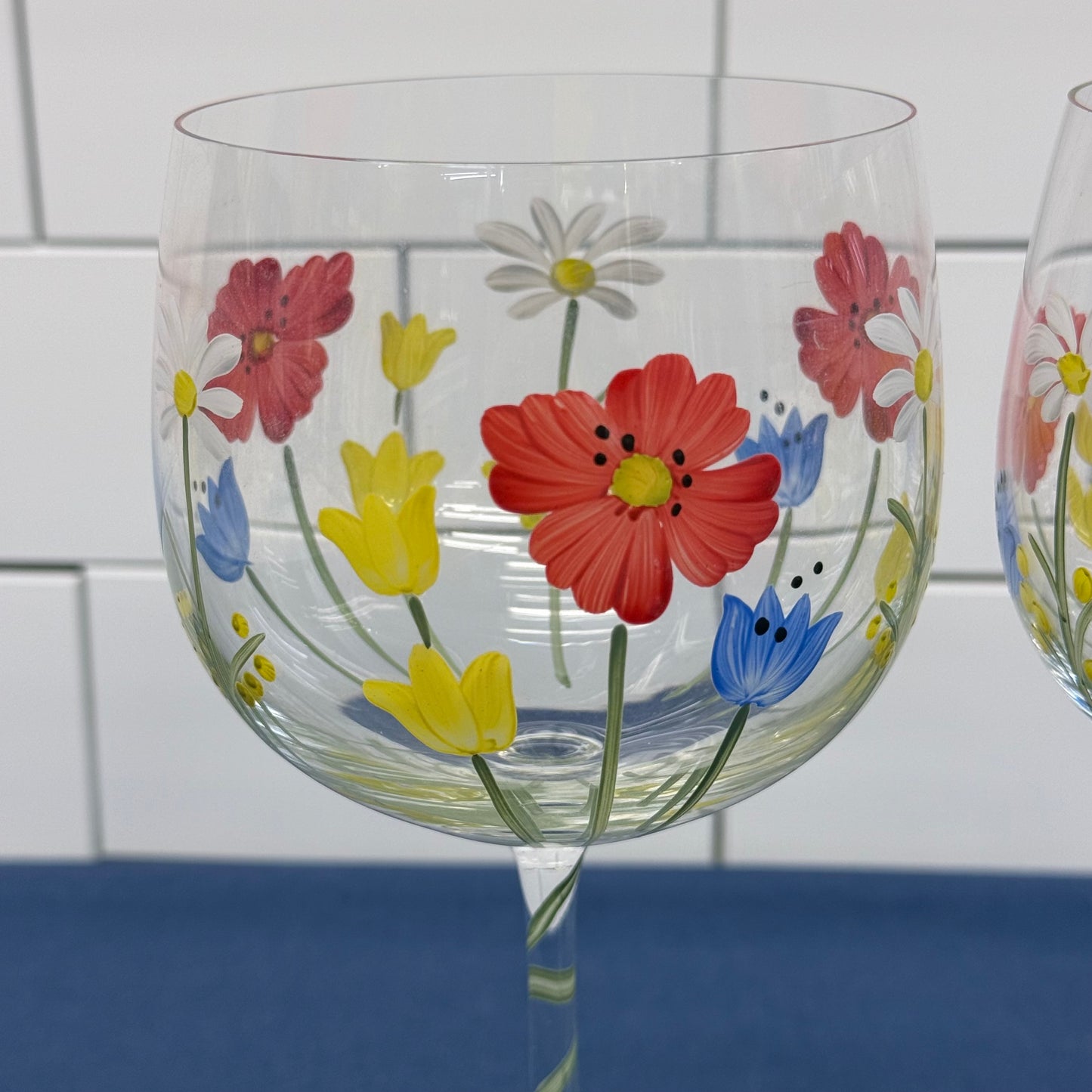 Hand Painted Wildflower Wine Glasses Set of 2 Floral Goblets
