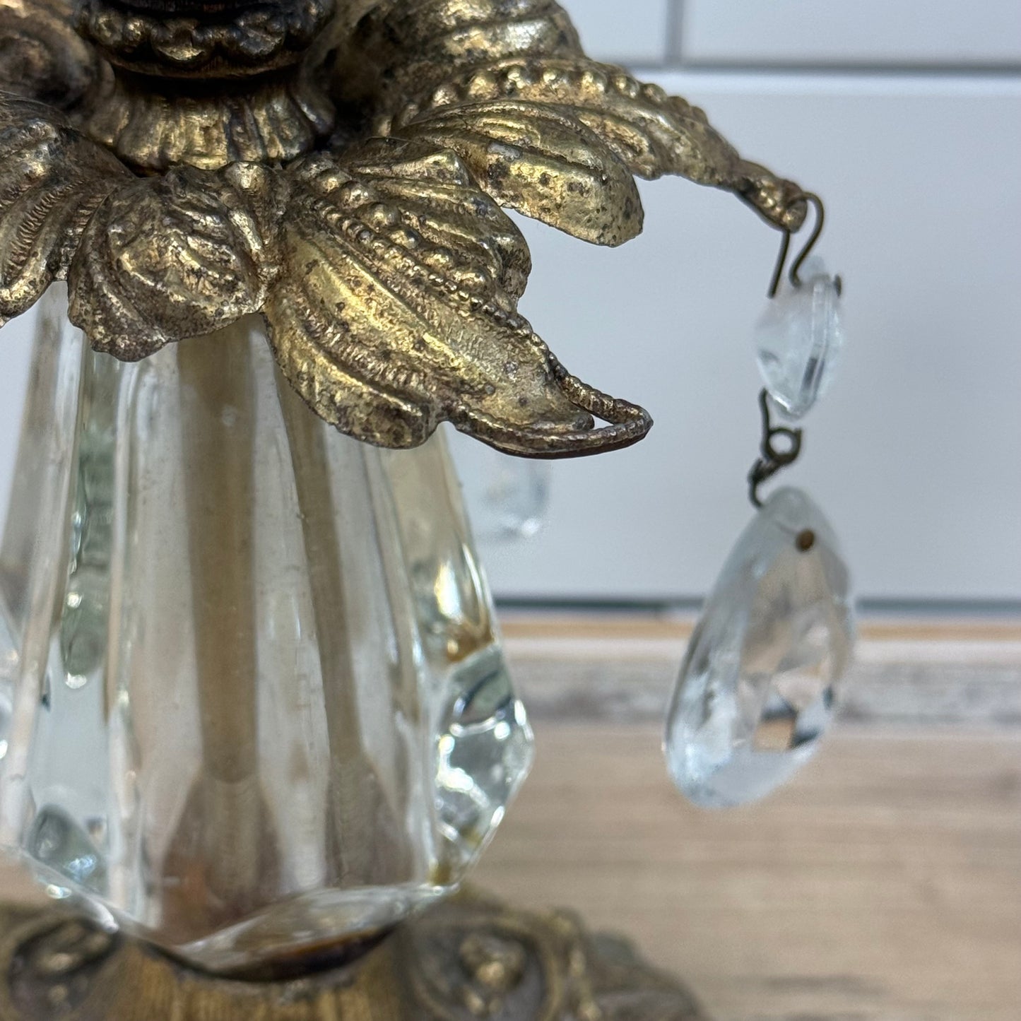 L&L WMC Brass Crystal Prism Candlestick Holders Set of 2 1973