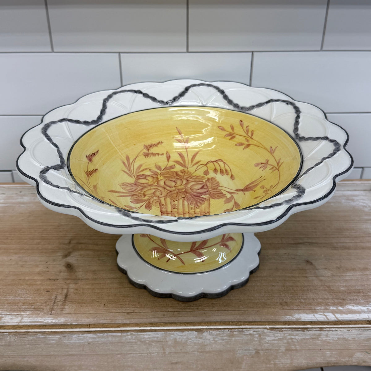 The Mane Lion Hand Painted Floral Pedestal Serving Bowl