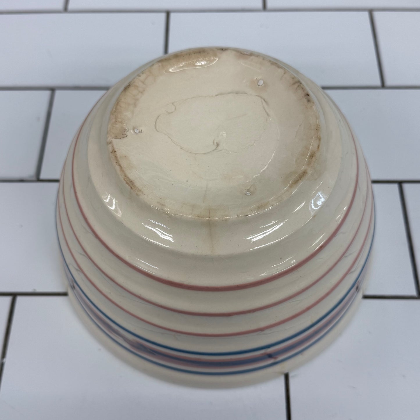 American Pink & Blue Band Stoneware Mixing Bowl 1930s
