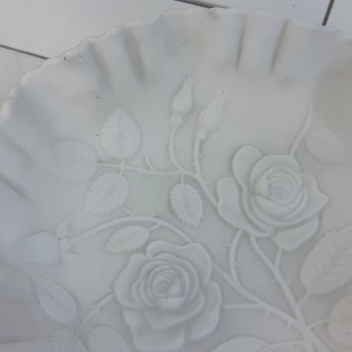 White Milk Glass Rose Bowl with Ruffled Rim