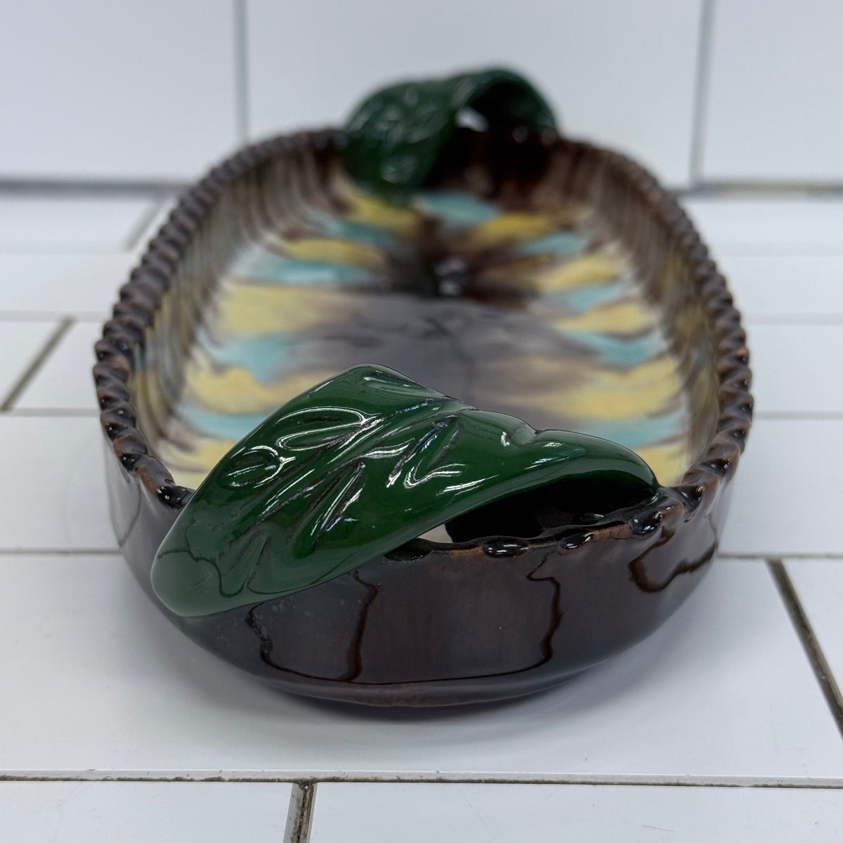 Austrian Art Pottery Drip Glaze Oval Tray Leaf Handles