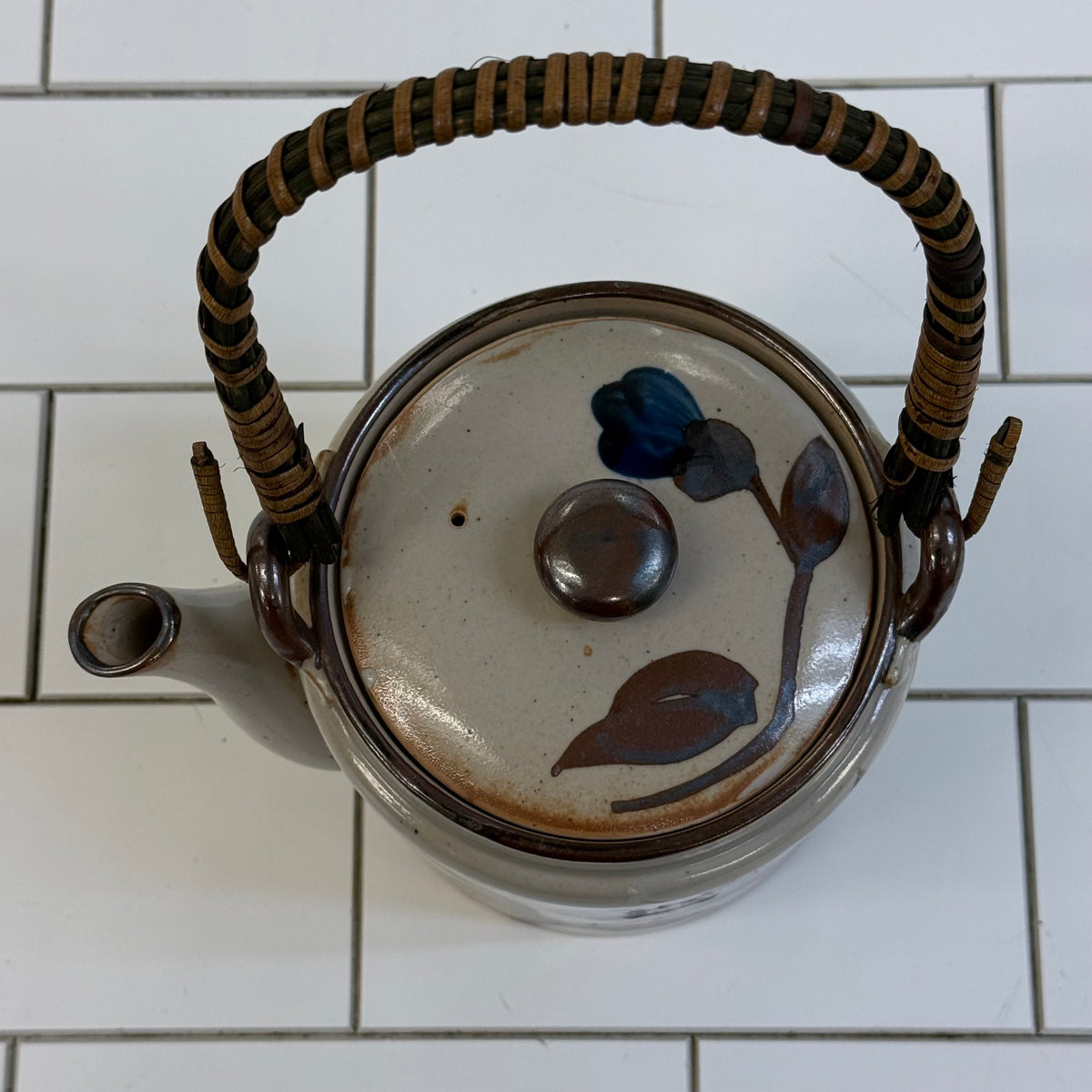 Japanese Stoneware Tea Set Blue Floral Teapot 7 Piece
