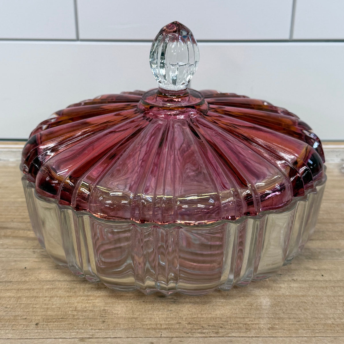 Vintage Cranberry Pink Clear Pressed Glass Covered Candy Dish