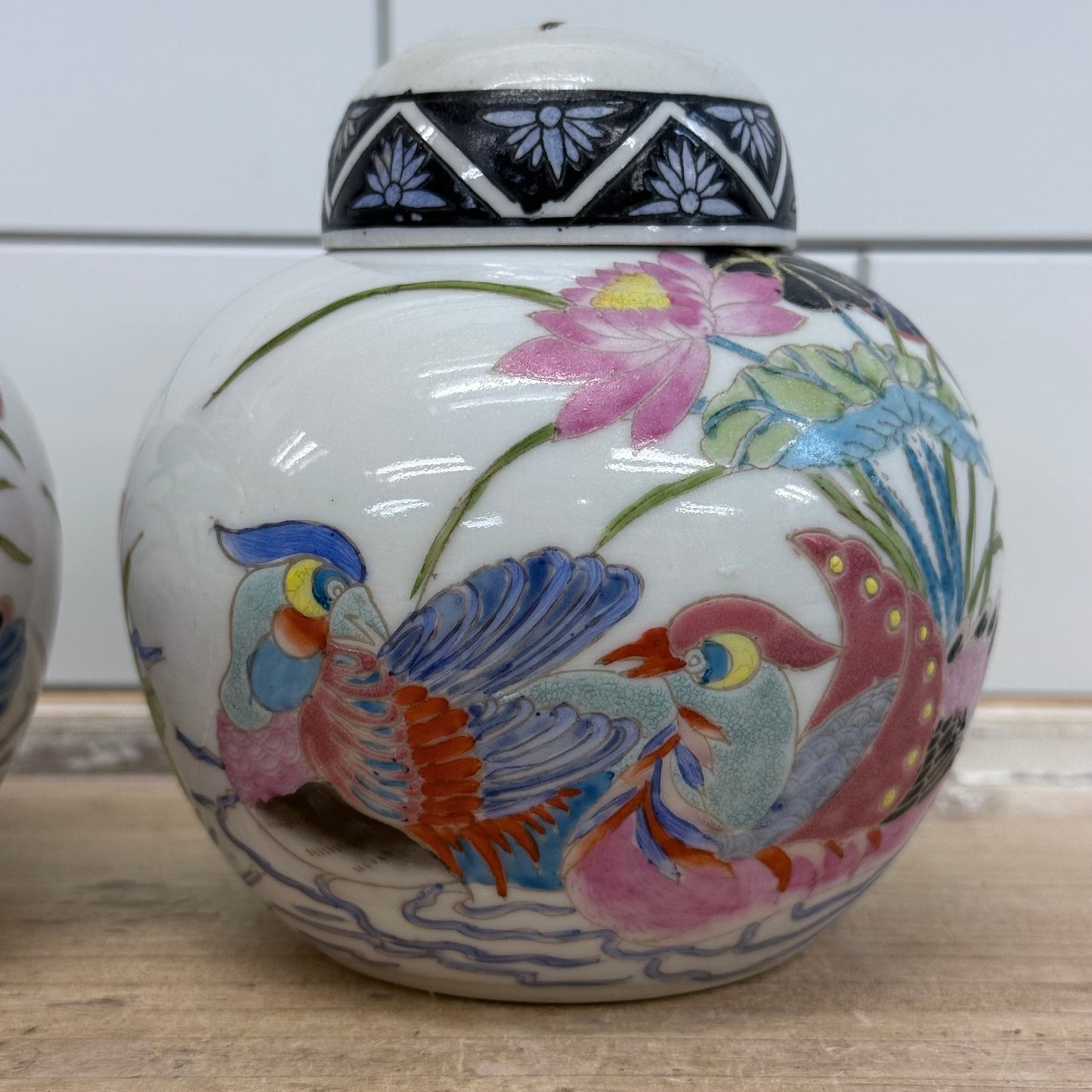 Toyo Porcelain Ginger Jars Bird & Dragonfly Set of 2 Japan