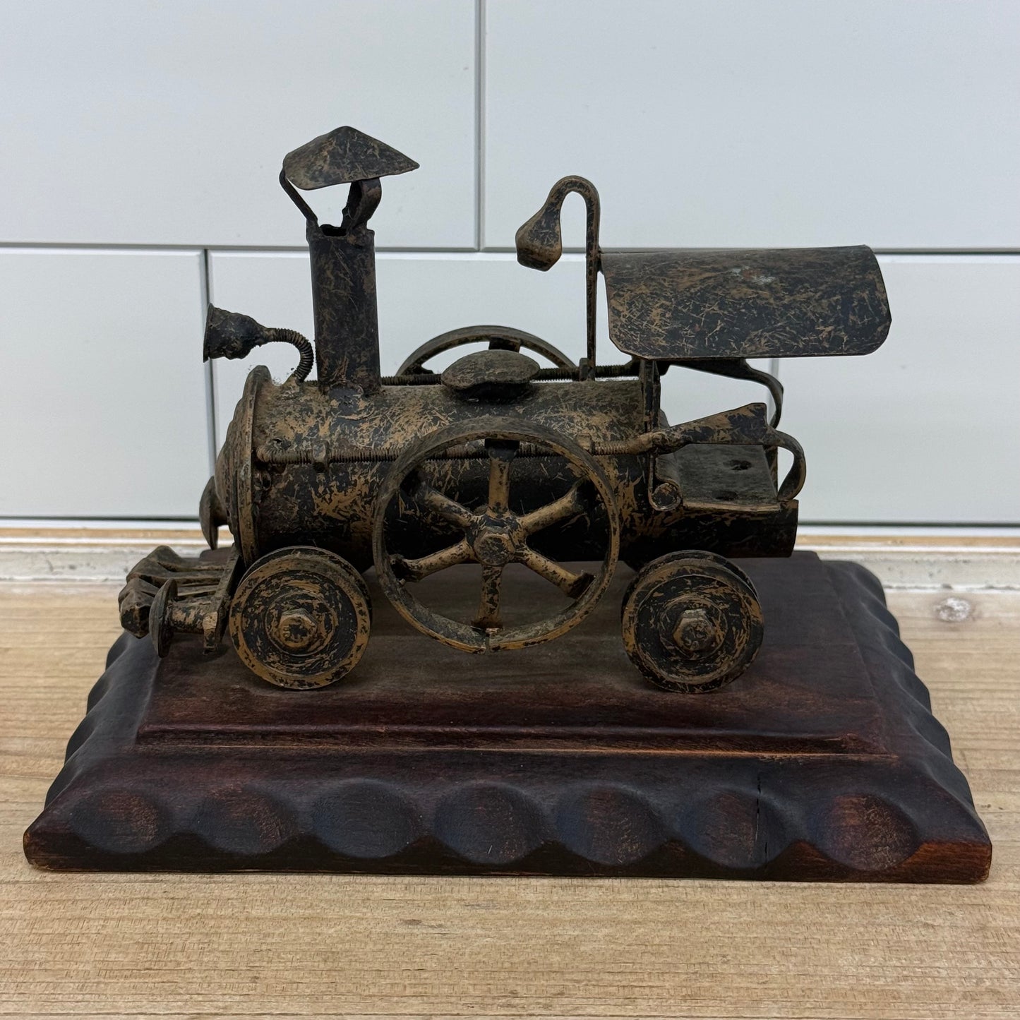 Steam Locomotive Metal Sculpture on Carved Wood Base