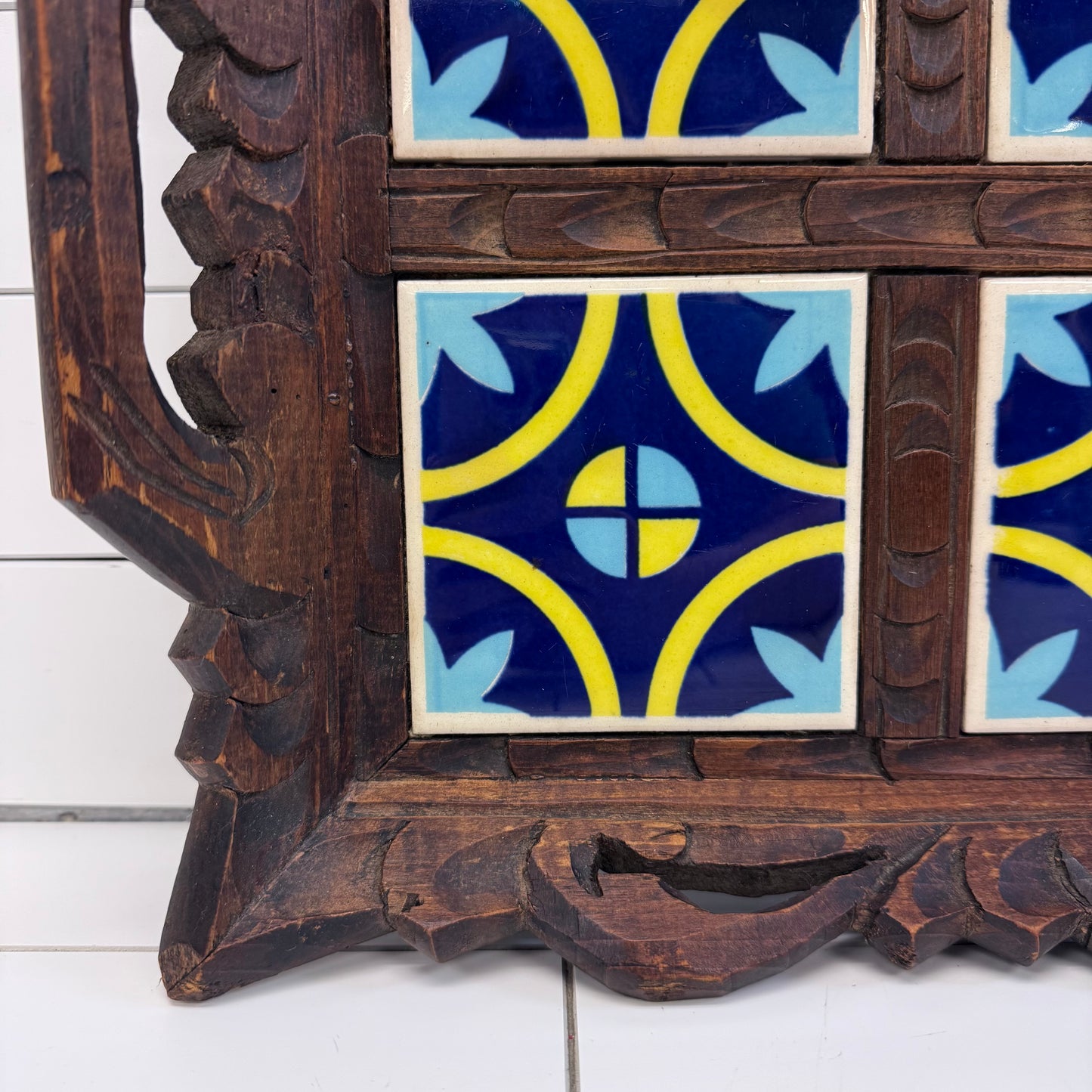 Carved Wood Ceramic Tile Serving Tray Vintage 20”