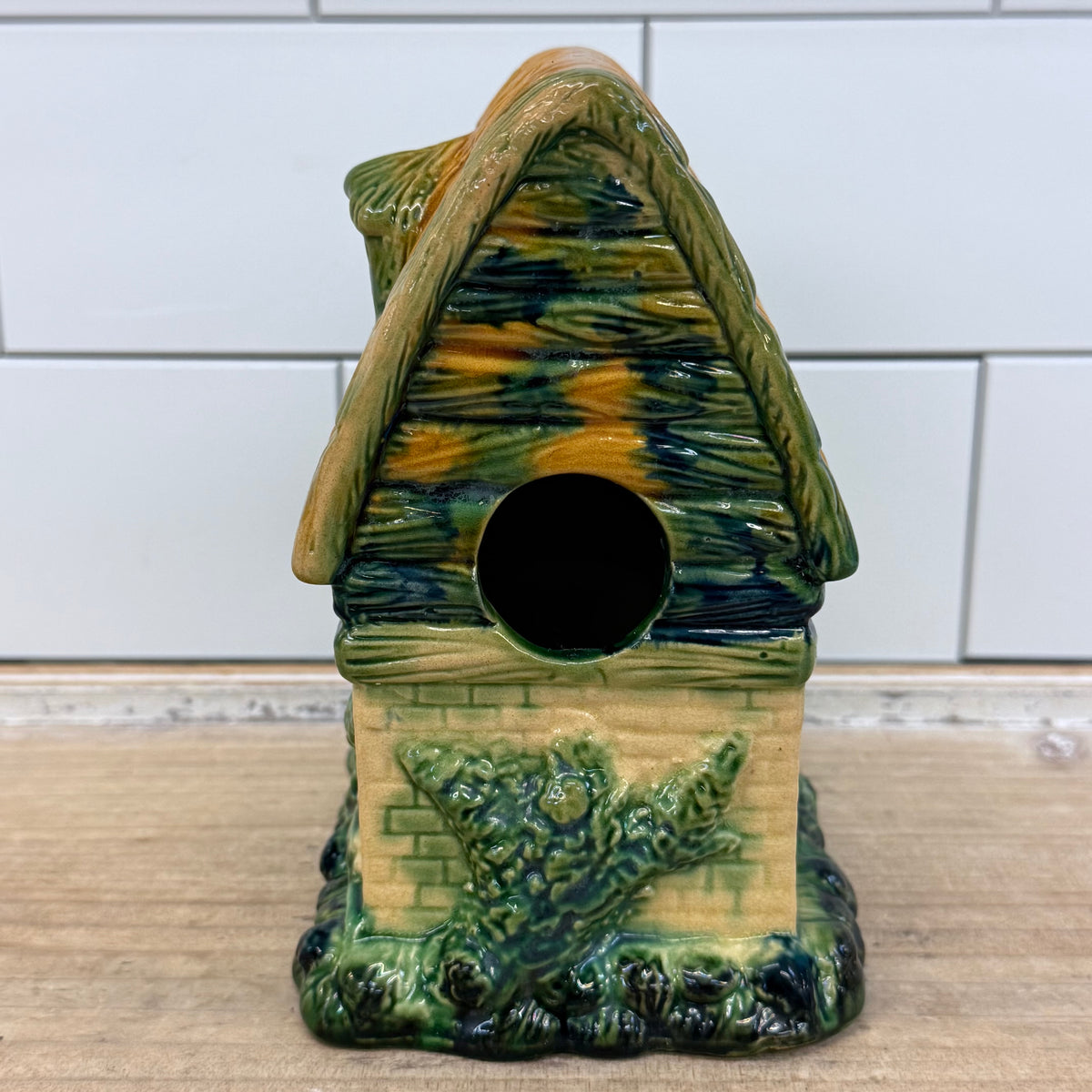 Majolica Style Glazed Ceramic Cottage Birdhouse