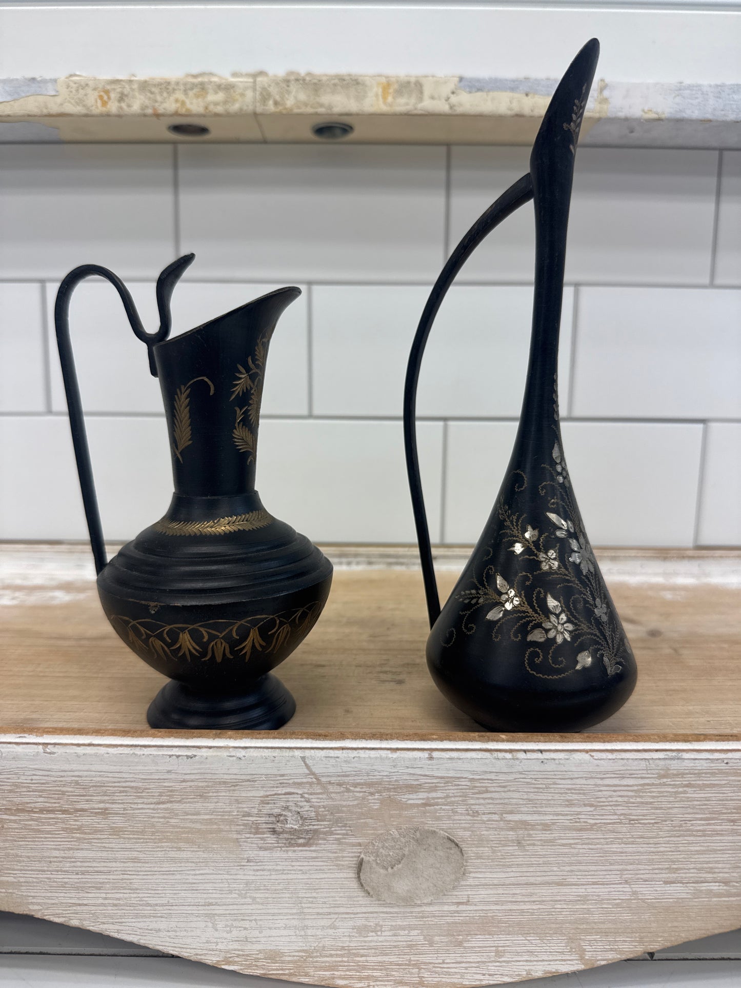Brass Enamel Vase & Ewer Etched Set of 7 Mid-Century 1960s
