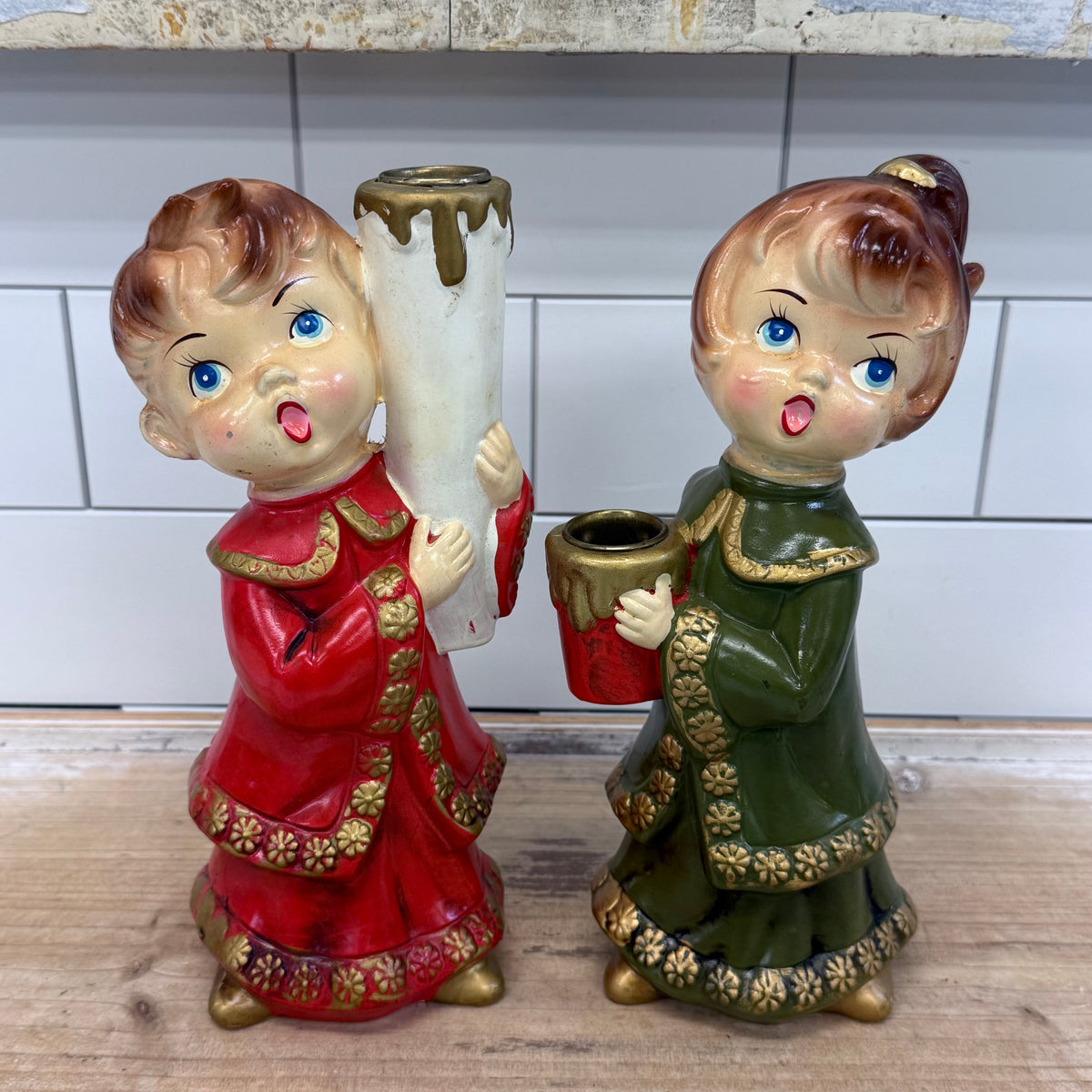 Vintage STAR Japan Christmas Choir Children Candle Holders Set of 2