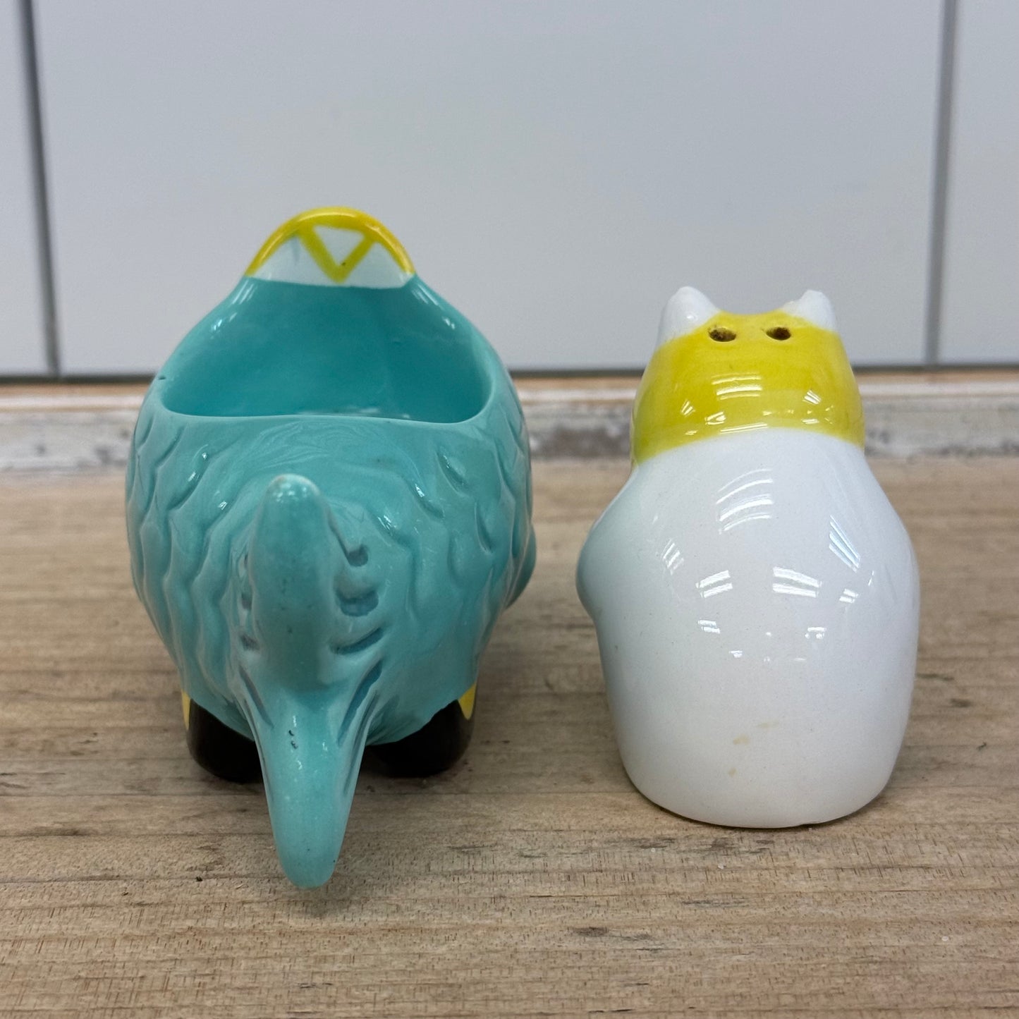 Clay Art Cat Driving Fish Car Salt & Pepper Shakers 1990s Ceramic