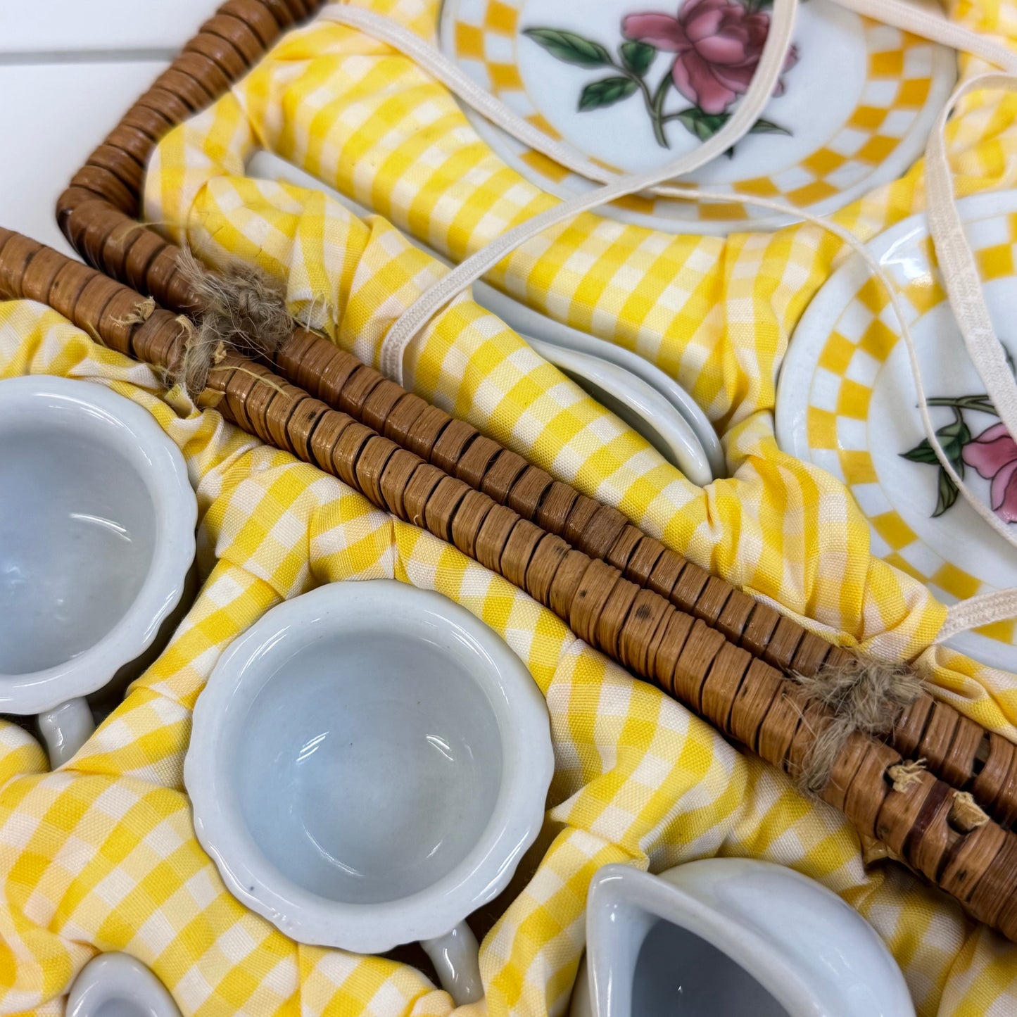 Delton Rose Child’s Porcelain Tea Set in Wicker Basket 1990s