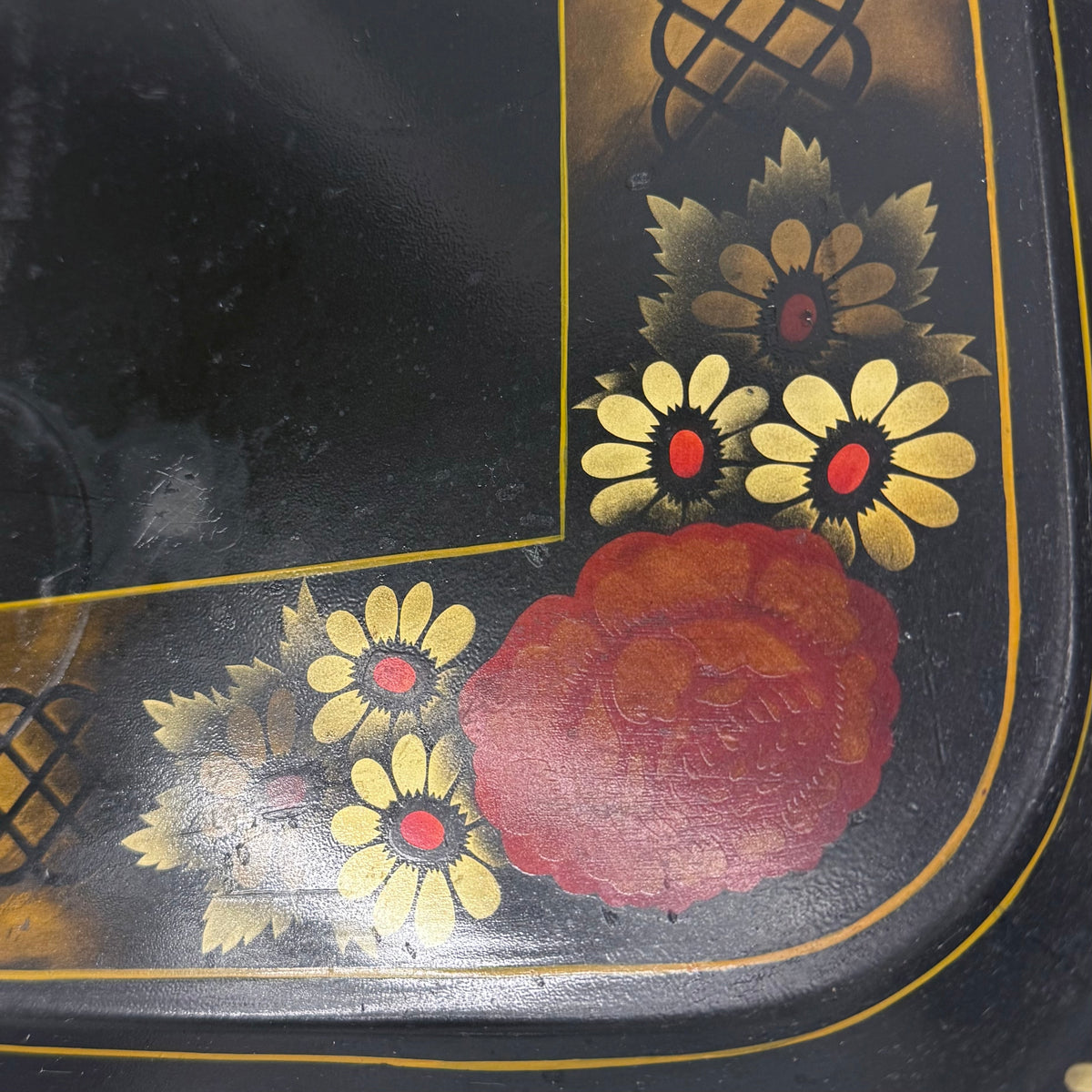 Floral Stenciled Tin Tray Black Gold Toleware Vintage 1970s
