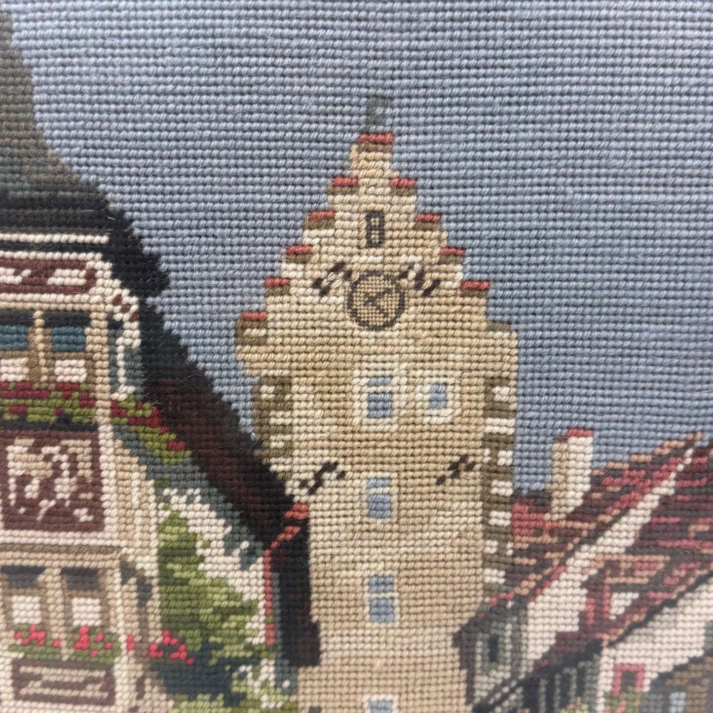 European Village Clock Tower Framed Needlepoint Art