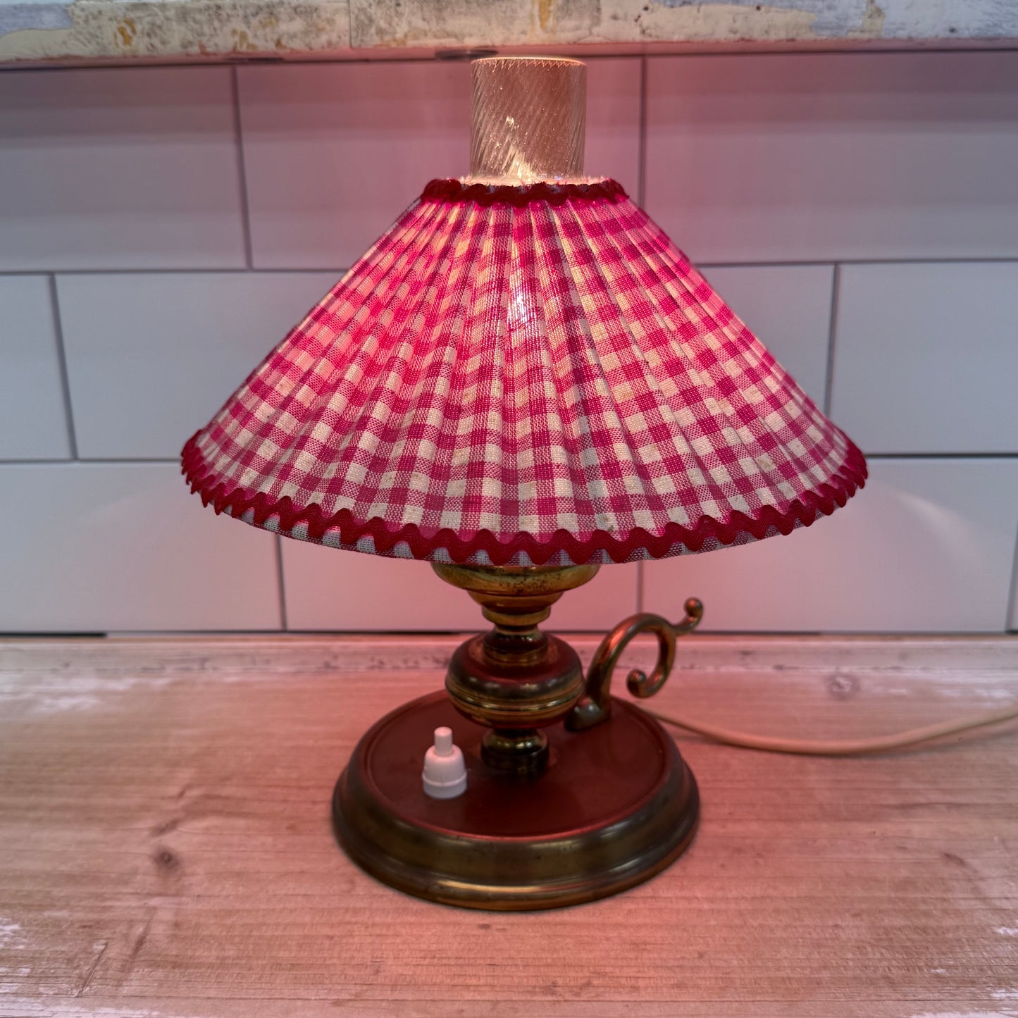 Brass Hurricane Lamp Gingham Shade Farmhouse