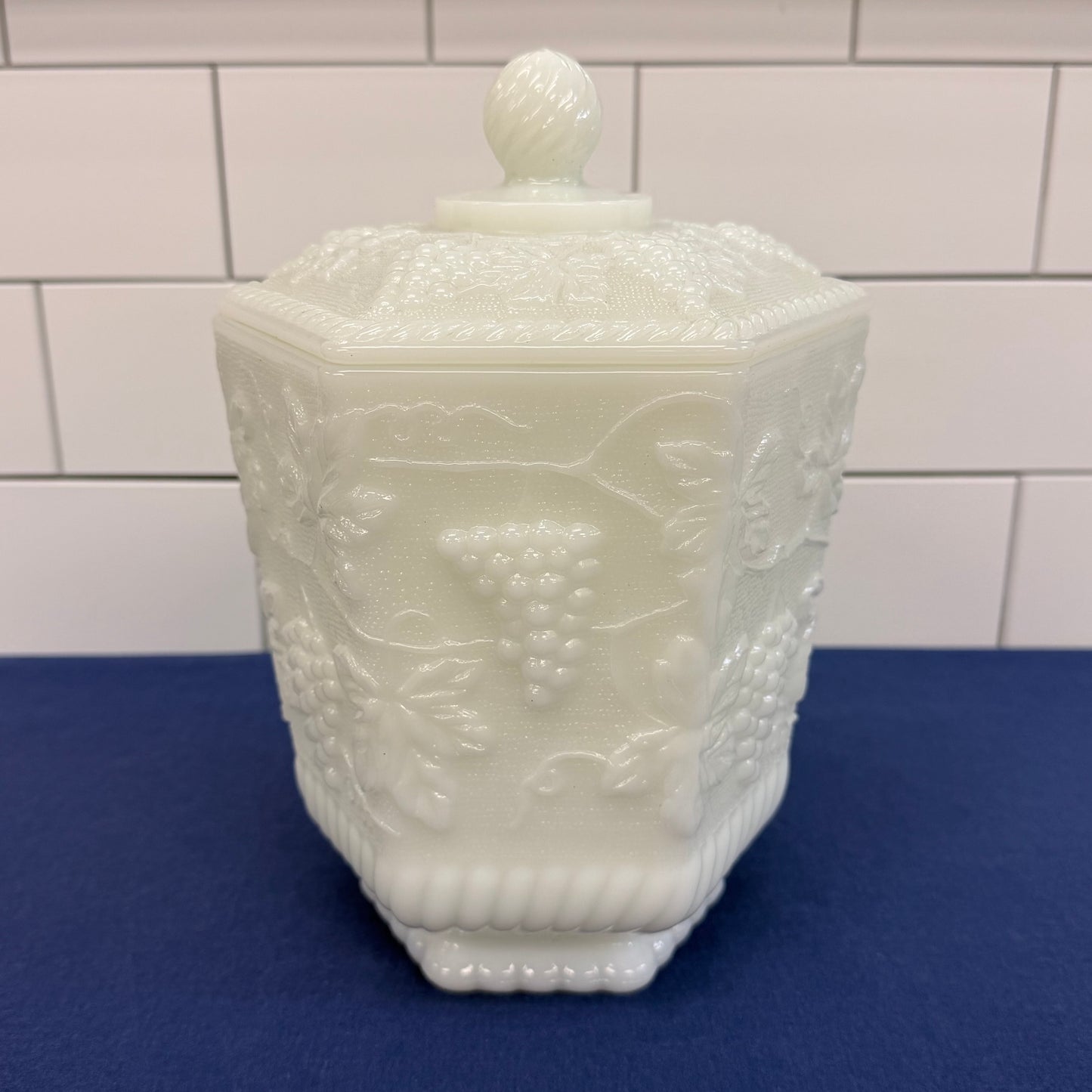 Fire King Grapevine Milk Glass Lidded Jar Vintage 1960s