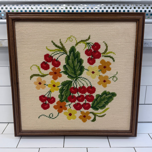 Cherries & Flowers Framed Embroidery Art Vintage 1970s