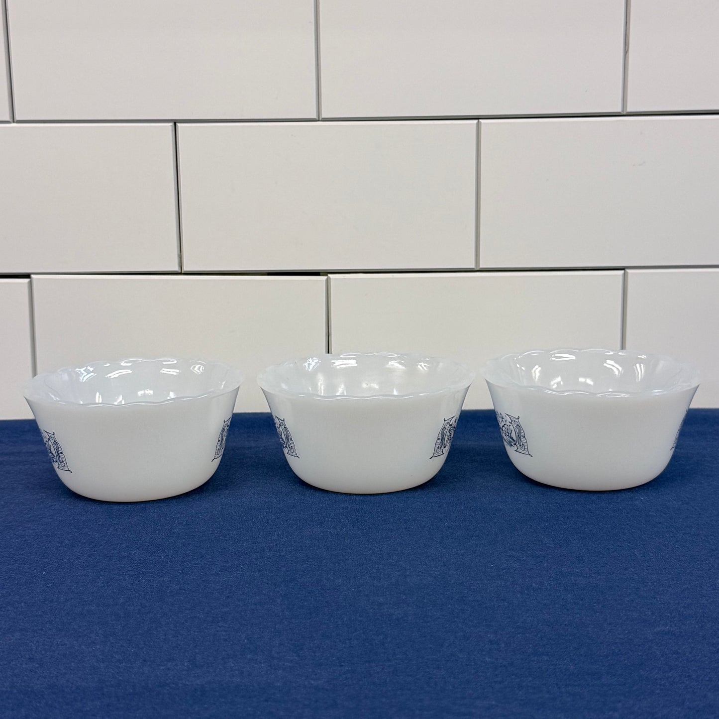 Currier & Ives Milk Glass Custard Cups Ramekins Set of 3, 1970s