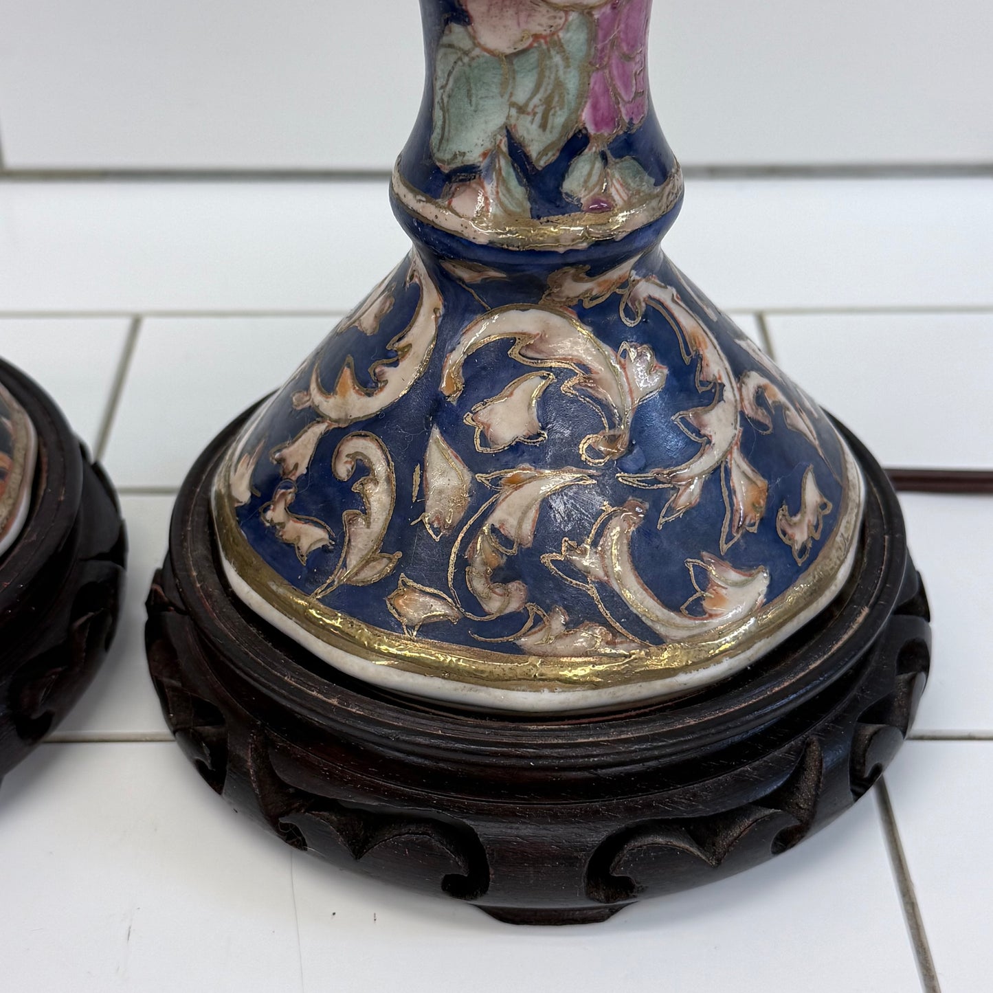 Chinoiserie Gilded Porcelain Accent Lamps Set of 2 Blue Floral
