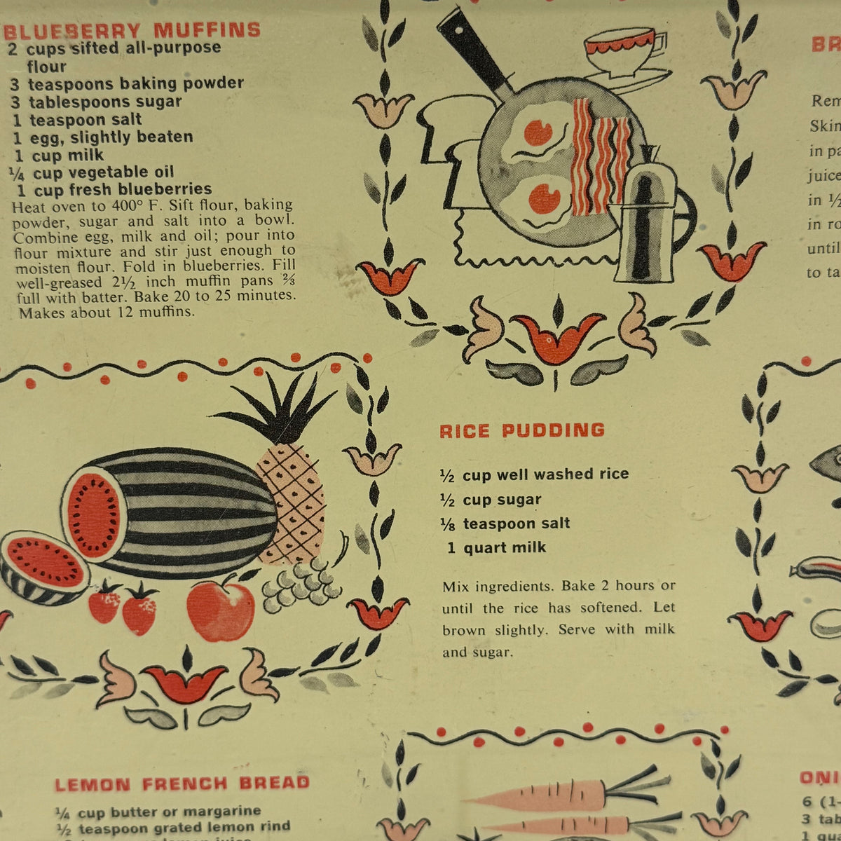 Recipe Print Metal Bread Box Vintage 1950s