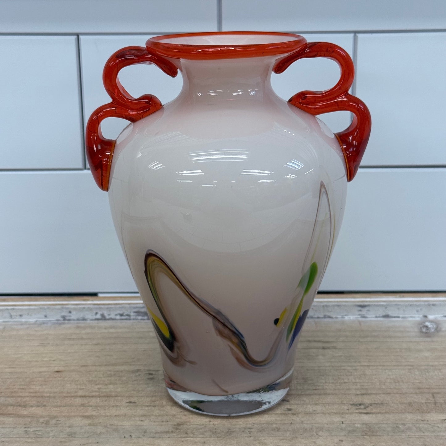 Vintage Murano Style Applied Handle Art Glass Vase